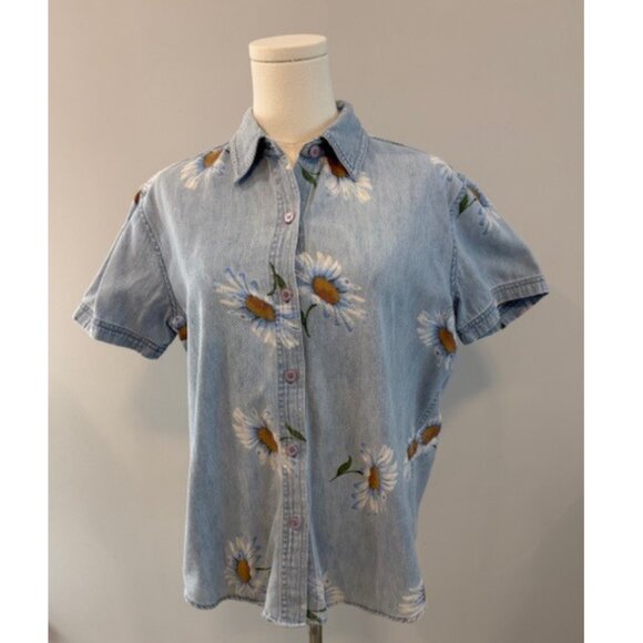 Lemon Grass Women’s Medium Vintage Denim Cottagecore Daisy Print Blouse - Picture 2 of 7